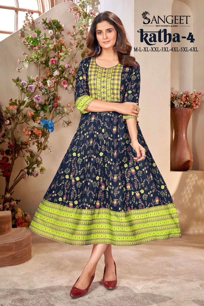 Katha 4 Long Rayon Printed Kurtis Wholesale Clothing Suppliers In India
